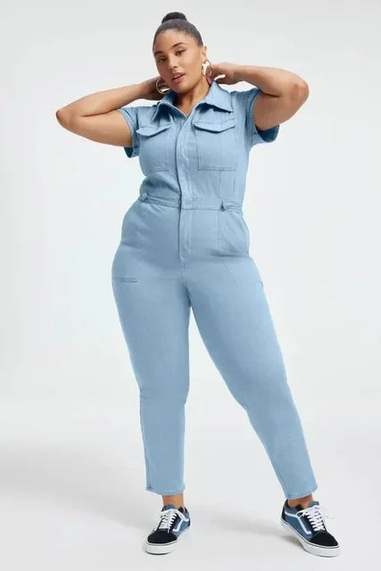 Turn down Collar One Piece Women Solid Short Sleeve Tight High Waist Overalls Slim Fit Casual Rompers 2023 Long Pants Jumpsuits